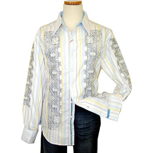English Laundry White with Sky Blue/Multi Color Stripes And Sky Blue/Silver Grey Embroidered Crown Design Long Sleeves Cotton Blend Shirt ELW958